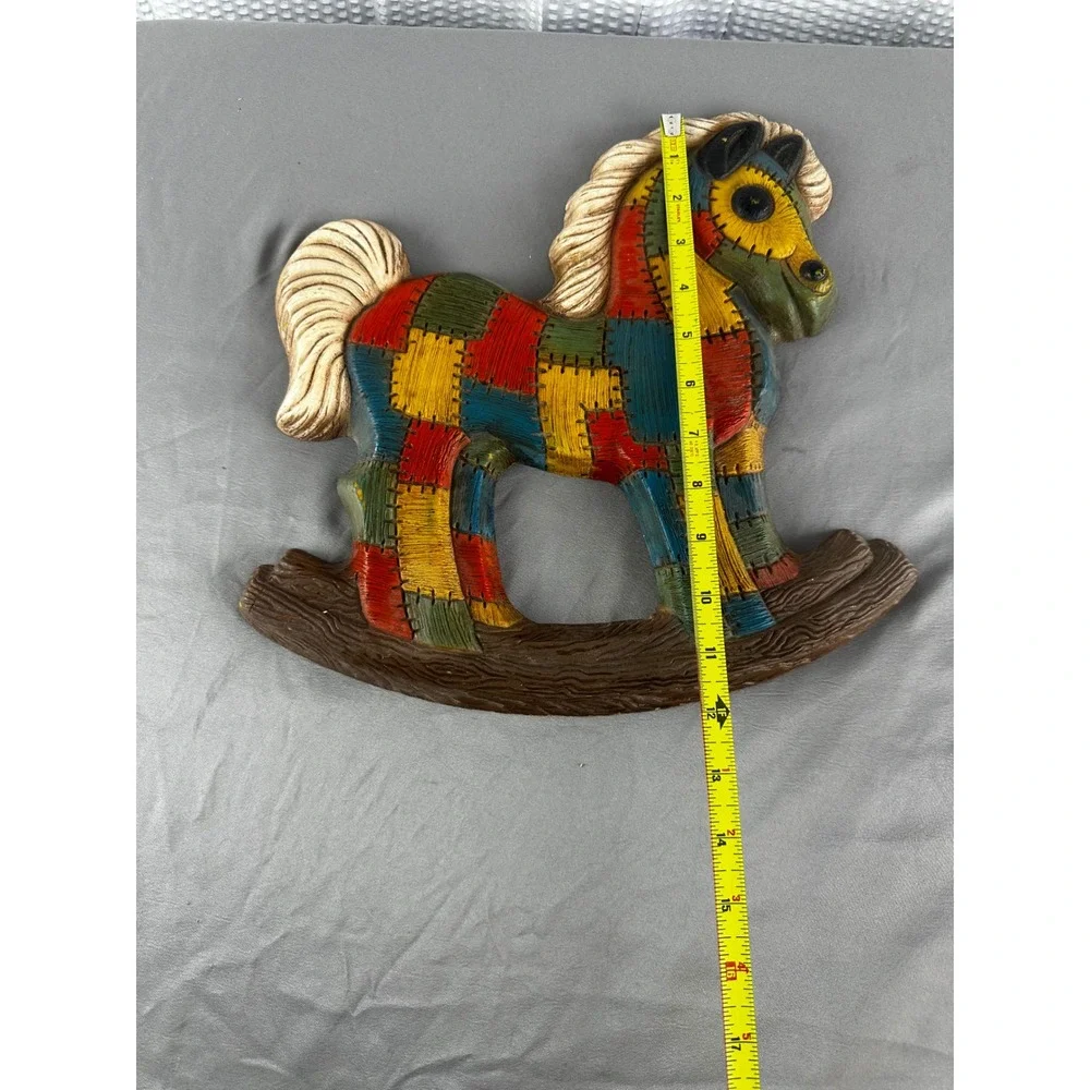 VINTAGE 1970'S Patchwork Rocking Horse & Bear Molded Foam Wall Hangings Set Of 2